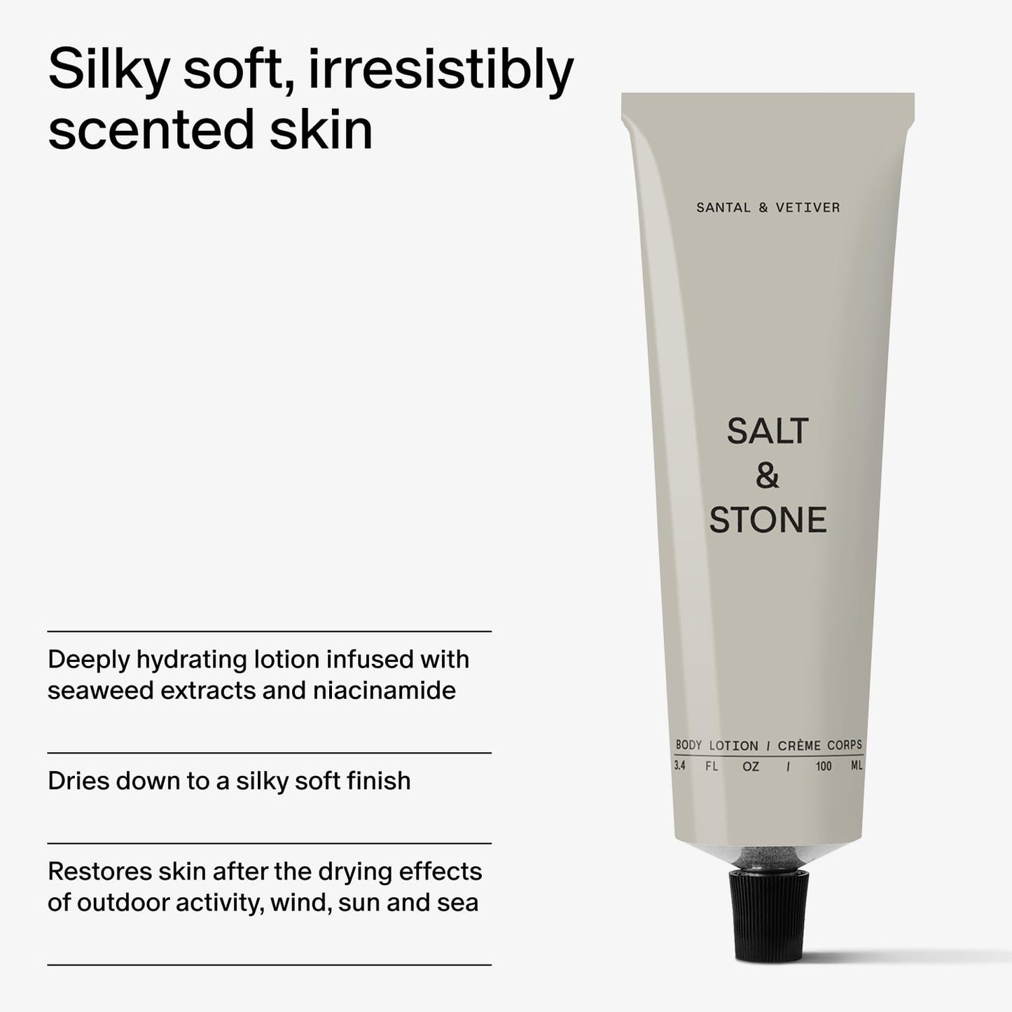 Salt & Stone Body Lotion for Women & Men | Hydrates, Nourishes & Softens Skin | Restores Dry Skin | Fast-Absorbing | Cruelty-Free & Vegan (100 ml) (Santal & Vetiver)
