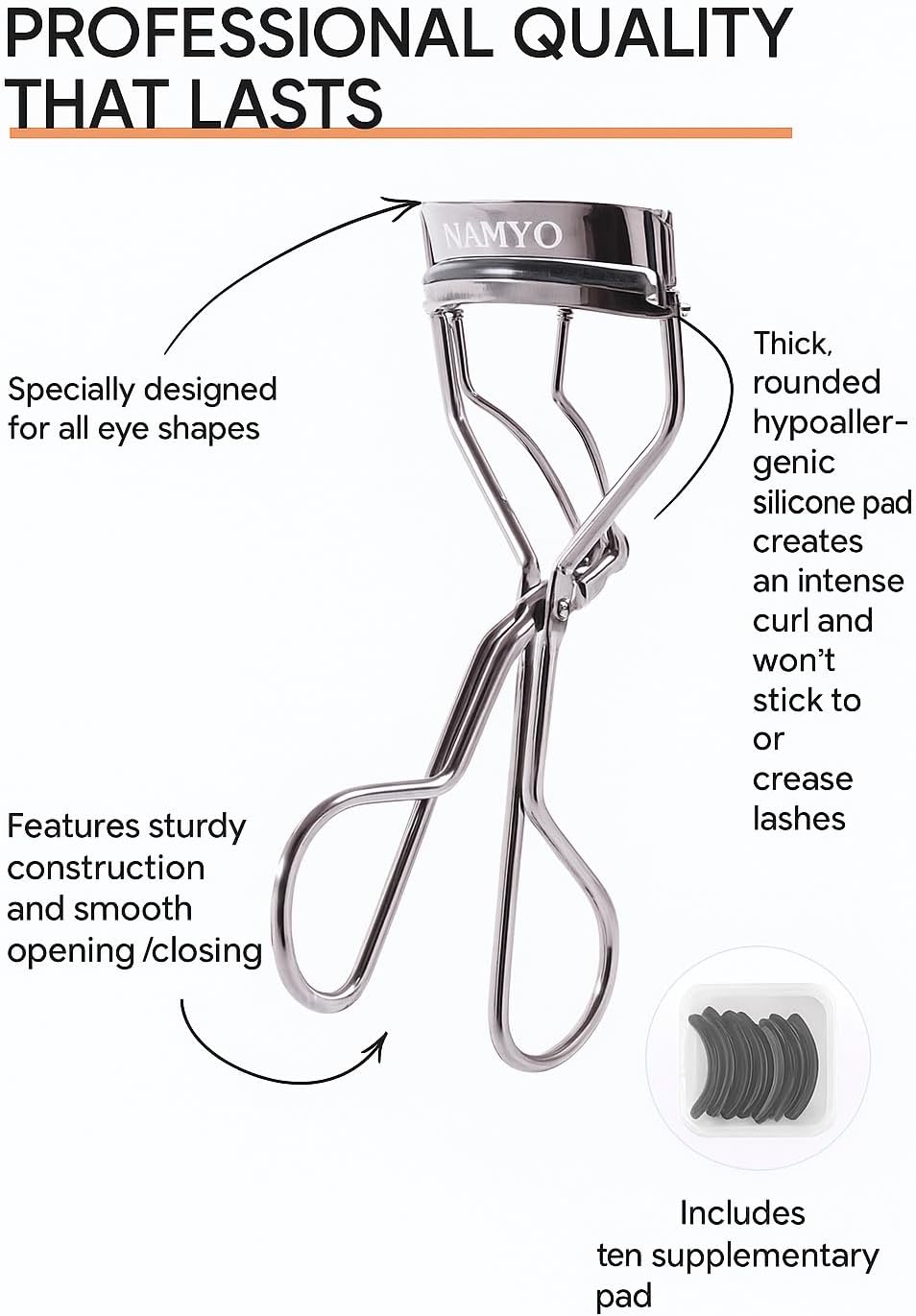 Eyelash Curler – Premium Salon-Grade Luxe Obsidian Grey Lash Tool with 10 Silicone Refill Pads, Satin Travel Pouch, No-Pinch, Natural Curl for All Eye Shapes