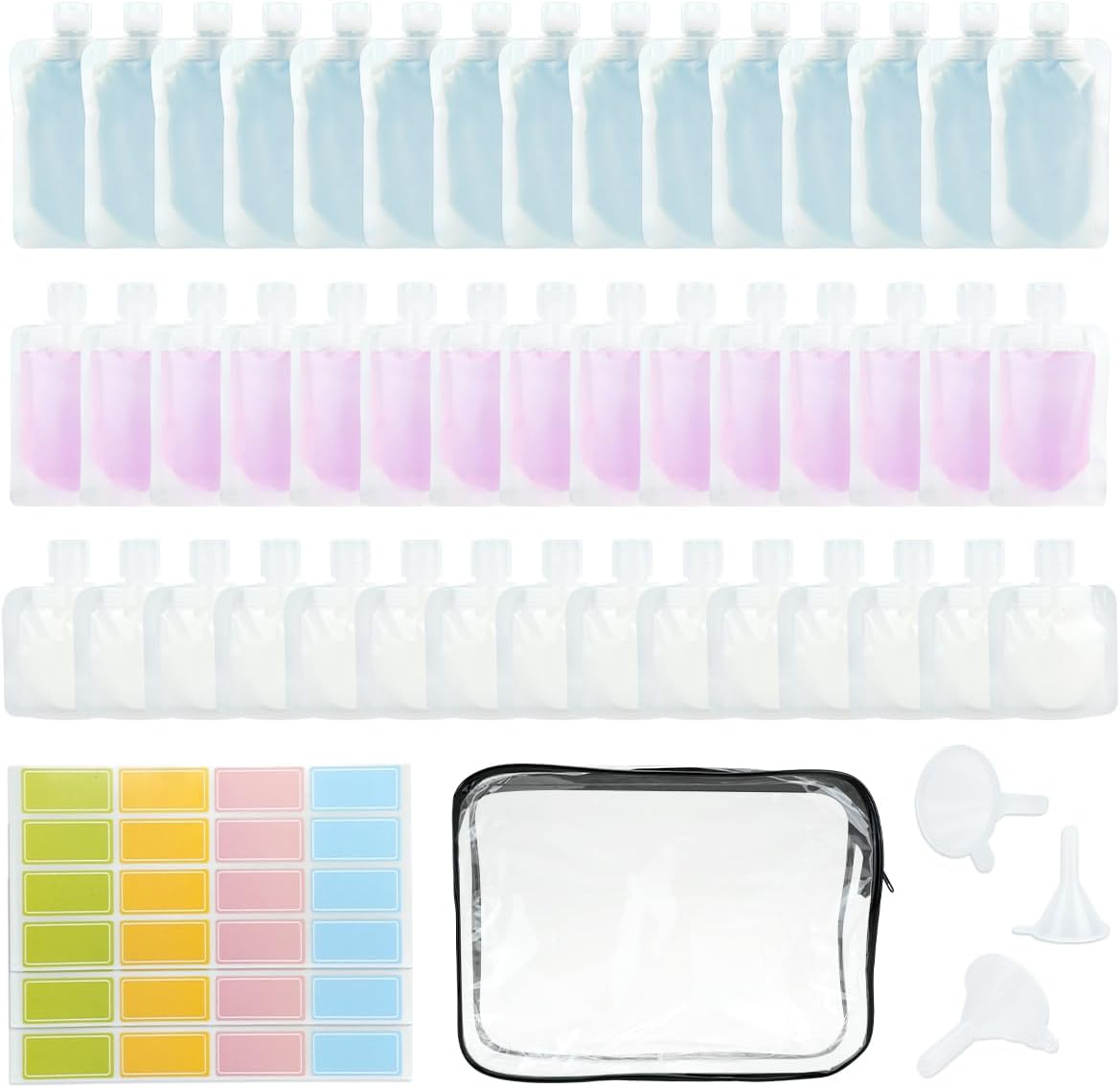 52Pcs Travel Pouches for Toiletries, TSA Approved Travel Fluid Squeeze Pouches, Travel Size Stand Up Pouch, Refillable Leakproof Travel Containers for Shampoo Conditioner Lotion Soap Liquids