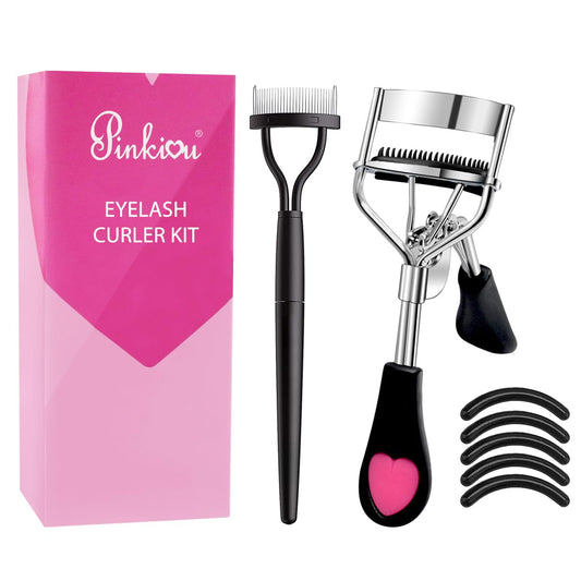 Pinkiou Eyelash Curlers with Comb and Eyelash Separator Set Professional Lash Curler with Built-in Comb Ergonomic Heart-Shaped Handle and Eyelash Comb Tool for Daily Makeup