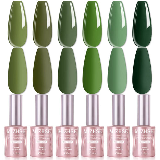 MIZHSE Green Gel Nail Polish Set, Avocado Green Gel Polish, 18ml*6 Colors Olive Neon Green U V/LED Needed, Gel Nail Kit with Gift Box Soak Off Gel for Nail Salon