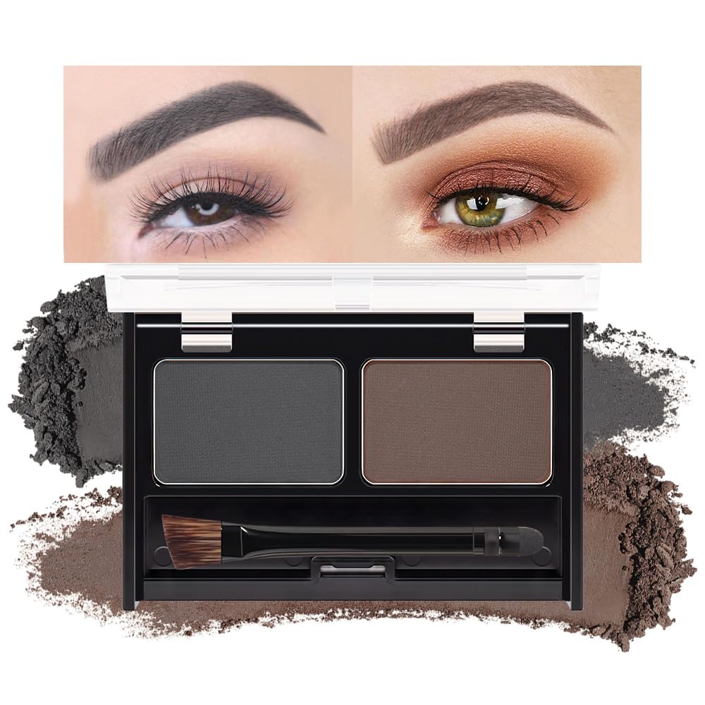 Black Brown Eye Brow Powder Kit for Women, Medium Coffee Dark Gray Eyebrow Powder Palette with Brush, Brow Color Filler Get Full Defined Natural Brows, Highlight Contour sombra para cejas, Vegan