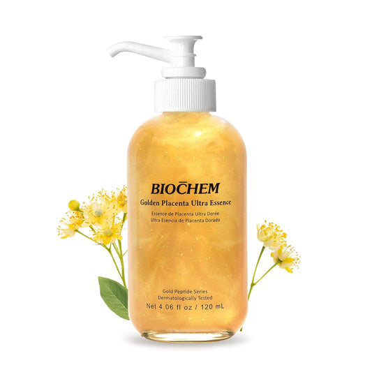 BIOCHEM Golden Placenta Ultra Essence - Placenta Face Serum with Gold Foil, Anti-aging, Hydrating, Firming, Wrinkles, Fine Lines and Skin Tone, Gentle Skincare for Fragrance-Free(4.06 fl. oz / 120 mL)