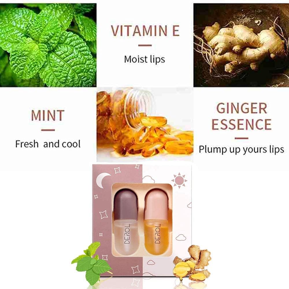 DEROL Lip Plumper by Vafee, Natural Lip Plumper and Lip Care Serum, Lip Enhancer for Fuller, Lip Mask, Beautiful Fuller, Hydrating & Reduce Fine Lines 5.5ML (Day& Night)