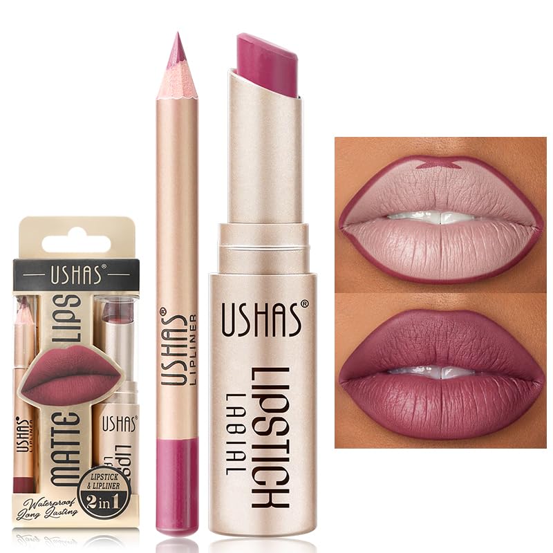 USHAS 2 in 1 Waterproof Lipstick and Lip Liner Combo Set for Women - Long Lasting Matte Pen With Makeup Kit (G3, Pack of 1)