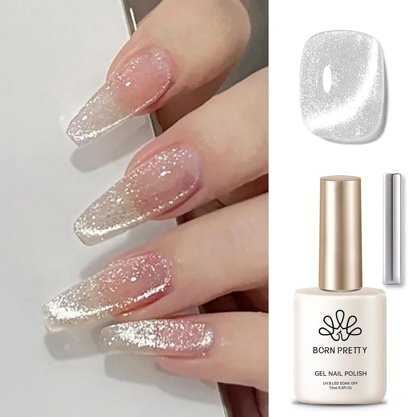Born Pretty Cat Magnetic Eye Gel Nail Polish, Holographic Glitter Super Shine Gel Nail Polish Soak Off Led Nail Polish Nail Art Gel Manicure Salon DIY Gifts 15ML