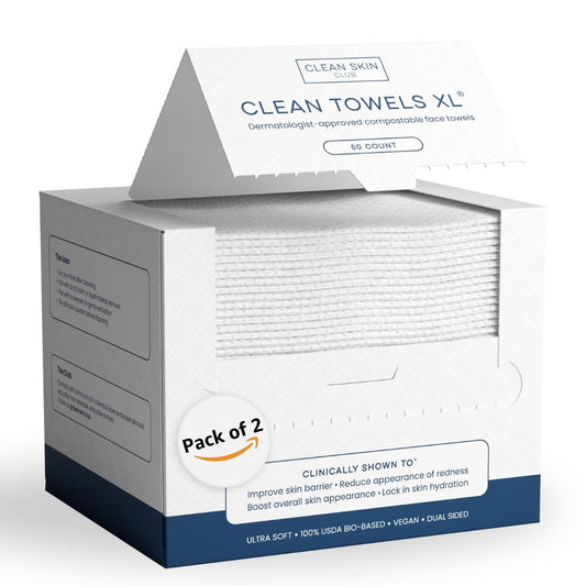 Clean Skin Club Clean Towels XL®, 100% USDA Biobased Face Towel, Disposable Face Towelette, Eczema Association Accepted, Makeup Remover Dry Wipes, Ultra Soft, 50 ct per pack, 2 Packs, 100 Ct Total