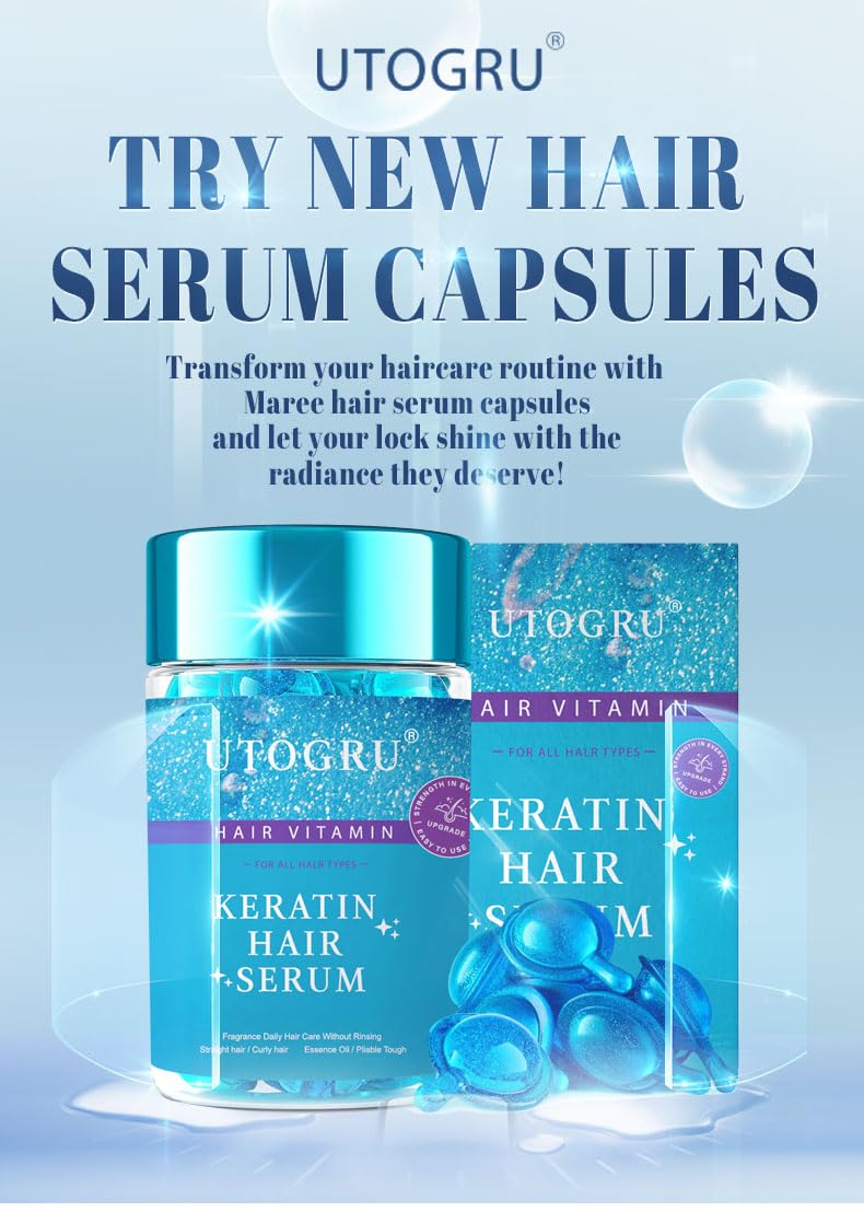 UTOGRU Keratin Hair Serum for Frizzy and Damaged Hair - Styling & Moisturizing Oil Capsules With Avocado, Leave-in Anti Frizz Vitamins A, E & B5