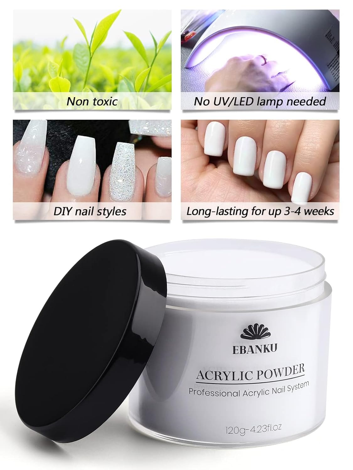 EBANKU Acrylic Powder Professional White Acrylic Nail Powder Long Lasting for 3D Fingernail Carving & Nail Extensions, Milk White Acrylic Powder, No Nail Lamp Needed, 120g/4.23oz Big Capacity