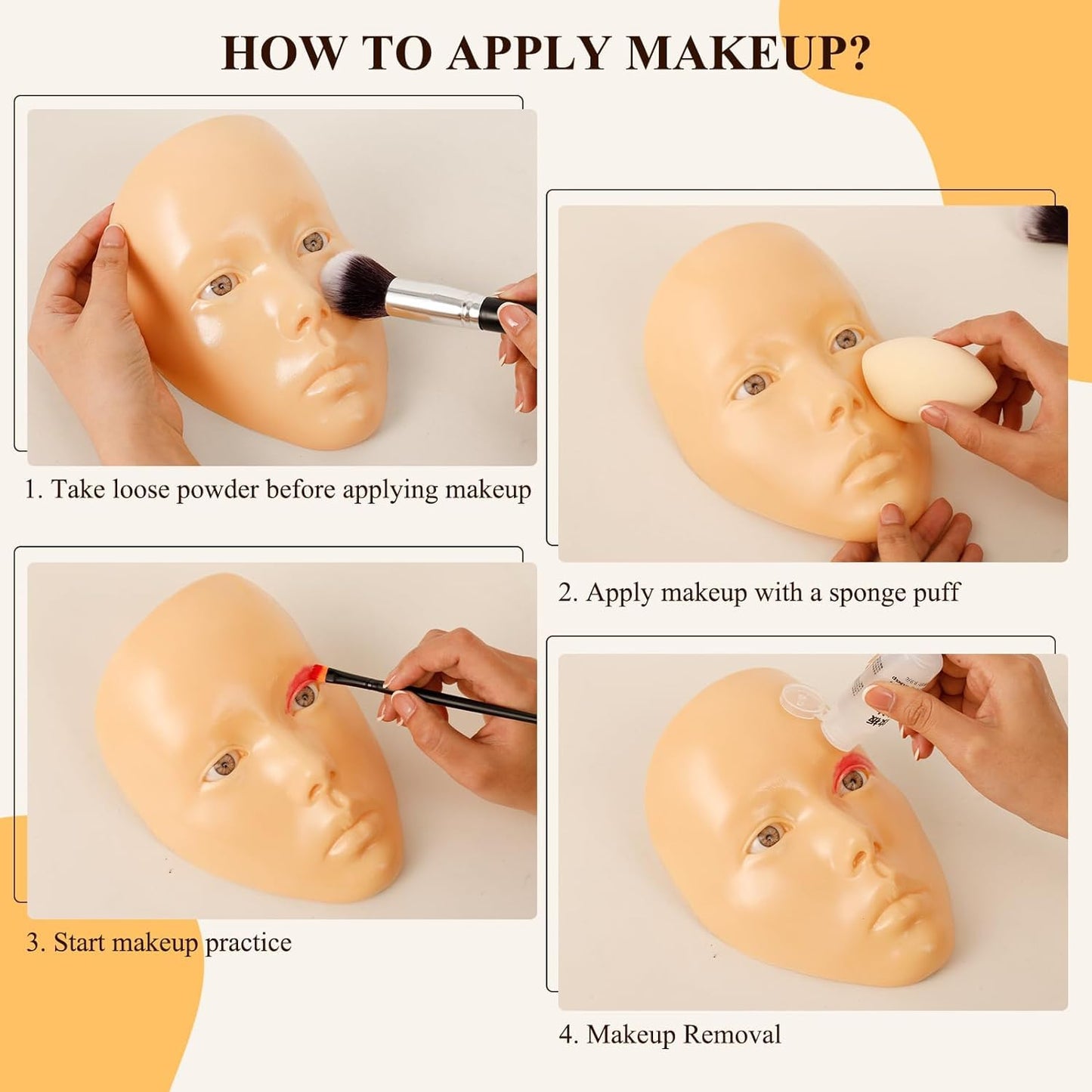 Makeup Practice Face, Eye Makeup Practice Head Silicone, Makeup Practice Accessories Set with Face Painting Mannequin Head, Makeup Brushes, Face Painting and Eyebrow Pen, Makeup Practice Gift, Yellow