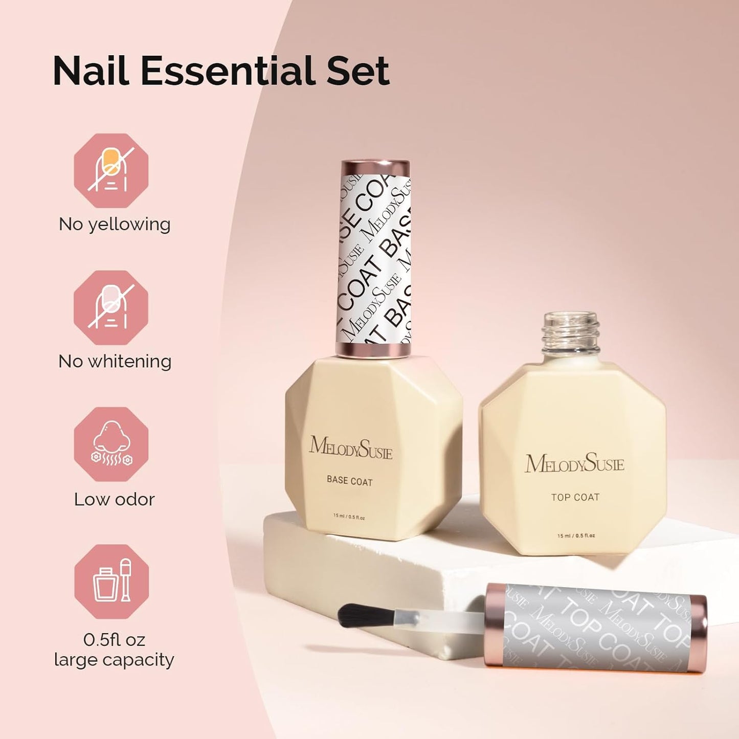 MelodySusie Top Coat Base Coat No Wipe Glossy Set Long Lasting Shine Finish Soak Off UV LED Nail Lamp Nail Polish Art Design Manicure Kit Perfect Gifts for Women Girls 2 Pcs 15ml Clear