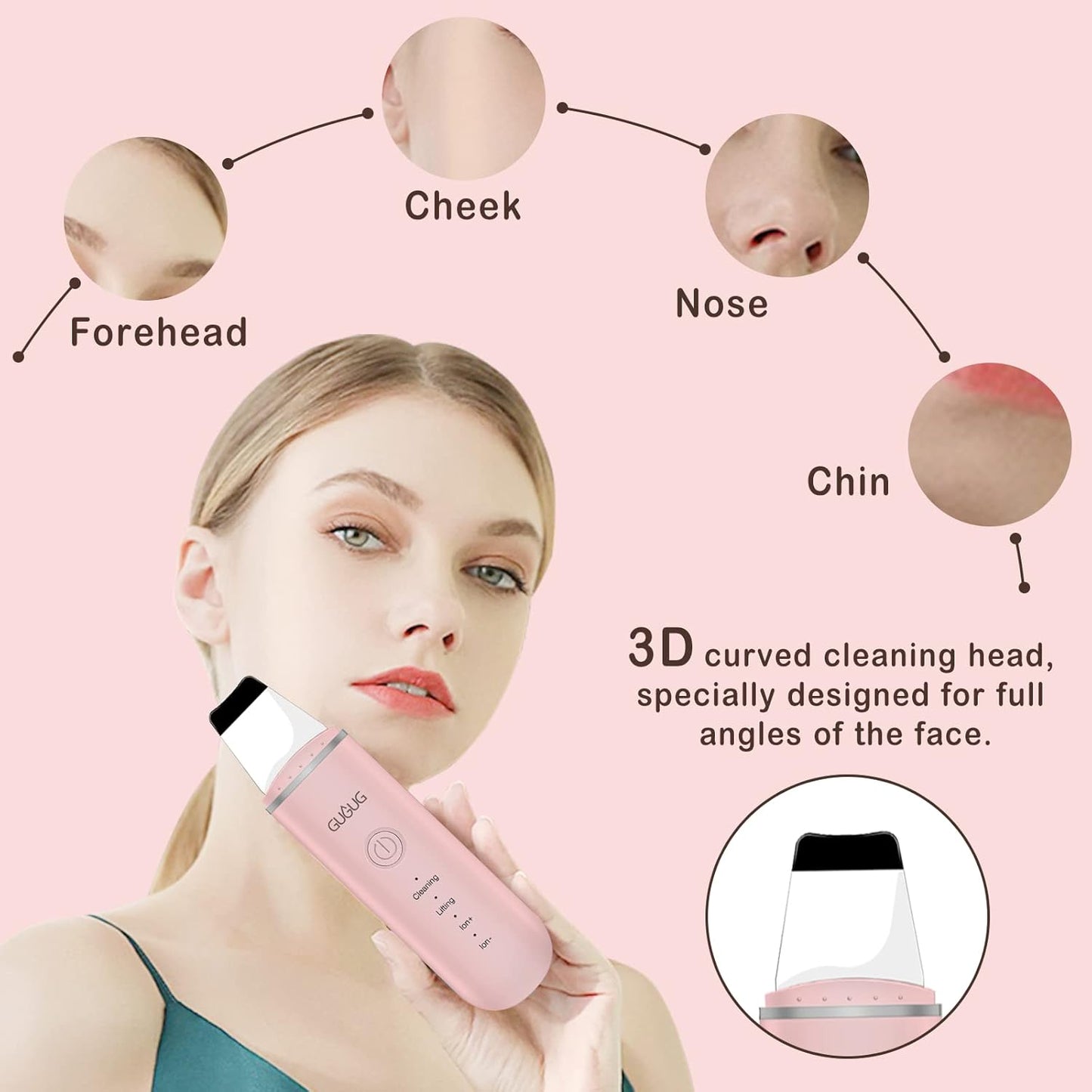 GUGUG Skin Scrubber Face Spatula Skin Spatula Pore Cleaner Blackhead Remover Tools for Facial Deep Cleansing-4 Modes, Pink