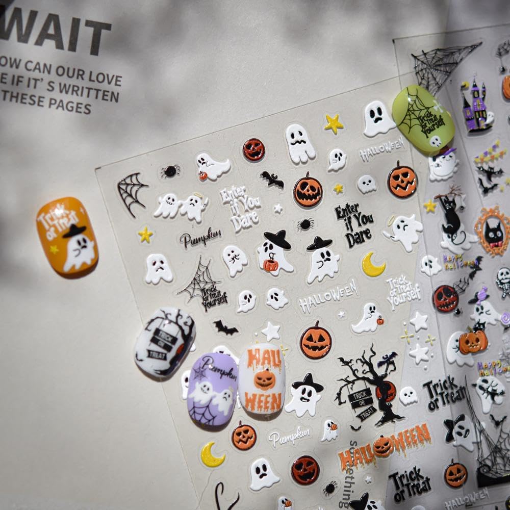 1 Sheet Halloween Nail Stickers 3D Self-Adhesive Cute Ghost Haunted House Nail Art Stickers Pumpkin Spider Web Nail Decals Moon Star Nail Designs Holiday Nail Art Decoration for Women Girls Manicure