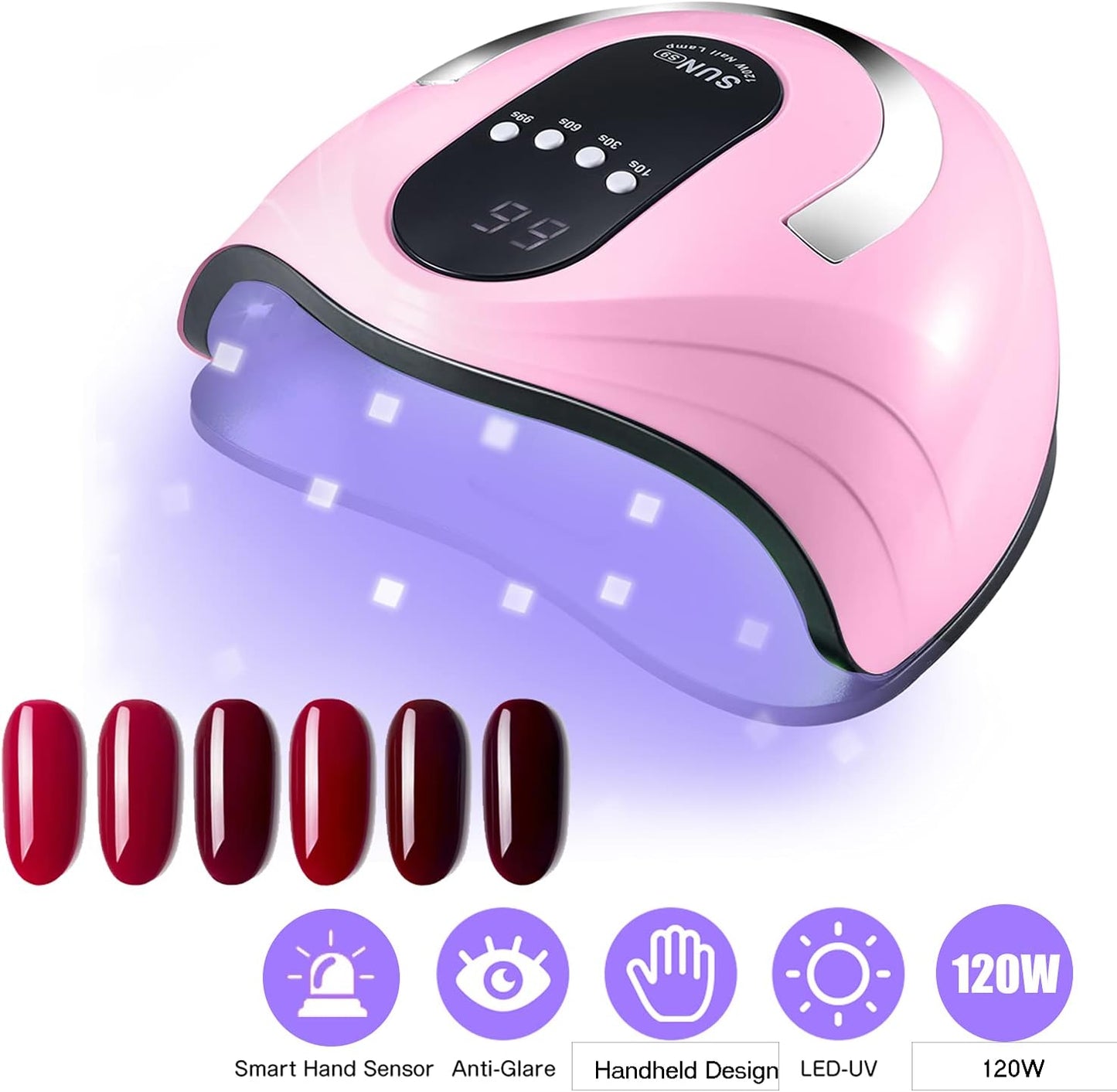 UV Gel Nail Lamp 120W LED Nail Light Fast Nail Dryer for Gel Polish Curing with 4 Timers Portable Handle Large Space Automatic Sensor(Pink)