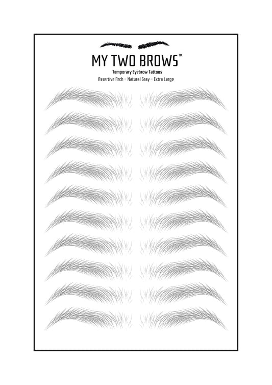 (10 pairs) Natural Gray Temporary Eyebrow Tattoo - Extra Large Size - Waterproof & Smudgeproof - Assertive Arch Style Eyebrow Stickers - Sheet Lasts up to 30 Days - Won't Work on Existing Brows