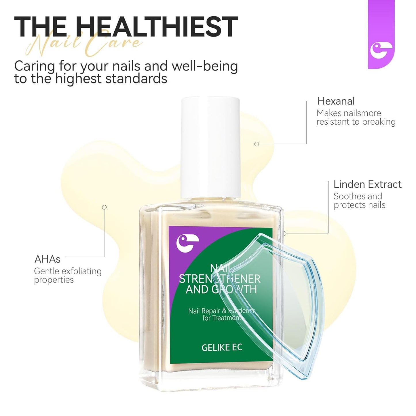 Nail Polish Strengthener and Growth Treatment: Apricot 15ml Gelike EC 6 in 1 Natural Nail Hardener Extra Strong and Growth - Long Lasting Nail Repair for Damaged Nails - For Daily Work Home Salon