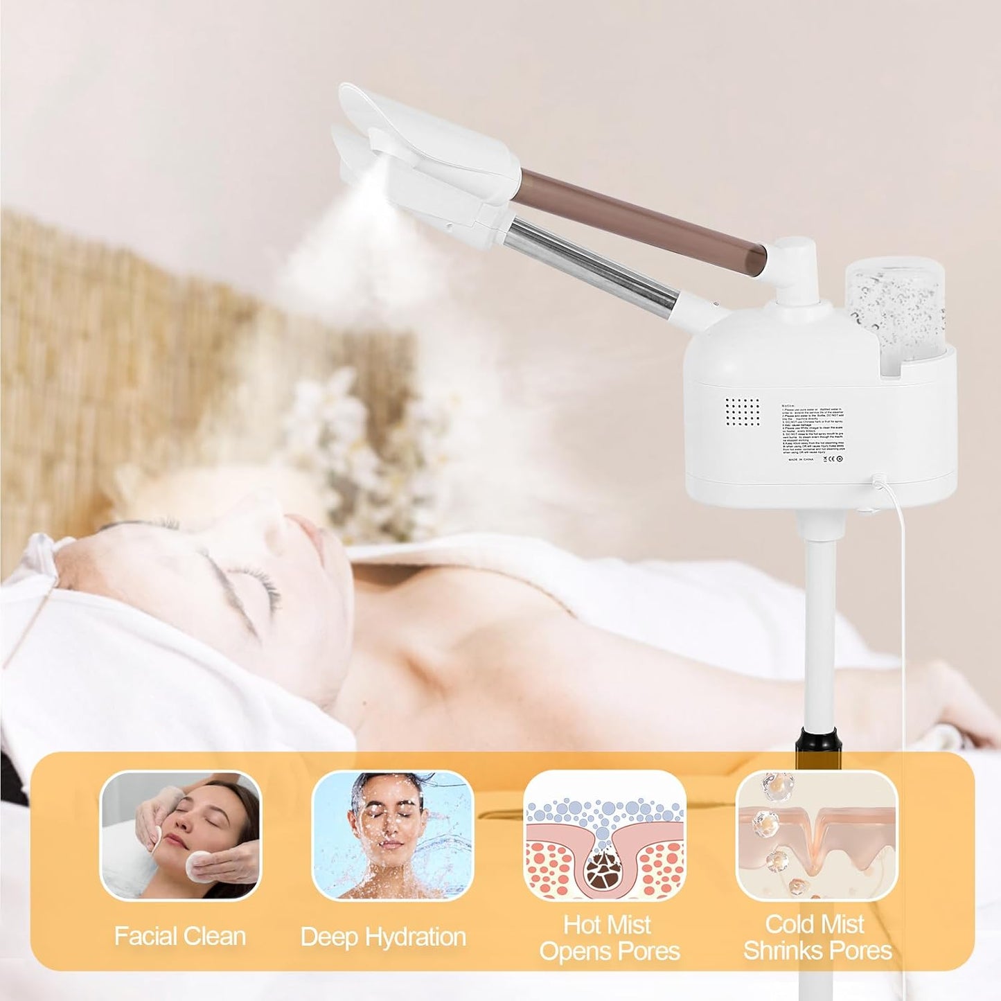 Professional Facial Steamer, 2 in 1 Esthetician Steamer with Hot & Cold Mist and Ozone for Facial Deep Cleaning and Hydration, Facial Steamer on Wheels, Ideal for Spas, Beauty Salons and Home Use