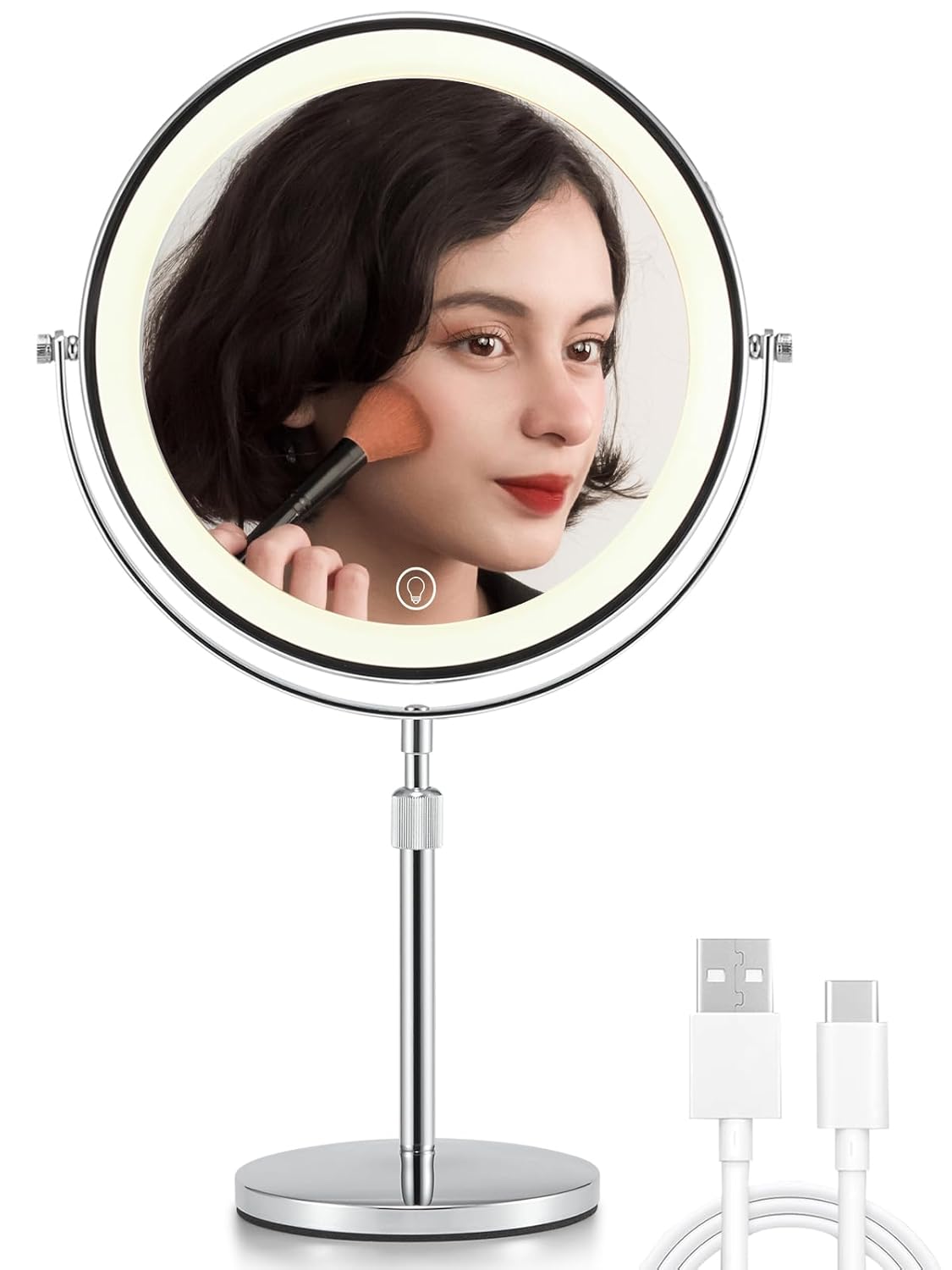 OMIRO 1X/10X Makeup Mirror with Lights,8.5 Inches Double Sided Vanity Mirror with Height-Adjustable Stand,Magnifying Mirror with 3 Color Light(Silver)