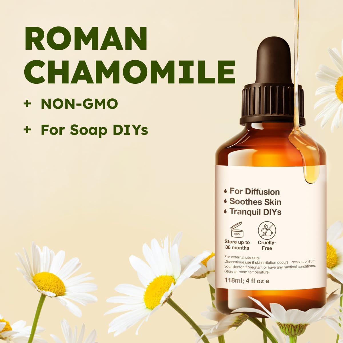Kukka Roman Chamomile Essential Oil for Tranquil Retreats and Peaceful Relaxation - 4 Fl Oz - Soothing, Comforting and Calming, DIY Soap Making Scents