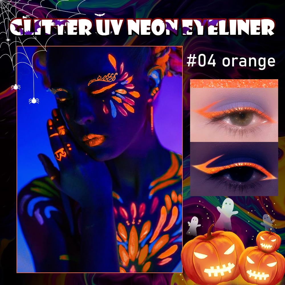 evpct Orange Shimmer Eyeliner UV Neon Gel Eyeliner Pencil Makeup, Rainbow Halloween Colored Colorful Gel Eye Liner Pen Glow in Dark Makeup, Long Lasting Waterproof Eyeliners for Face Body Painting