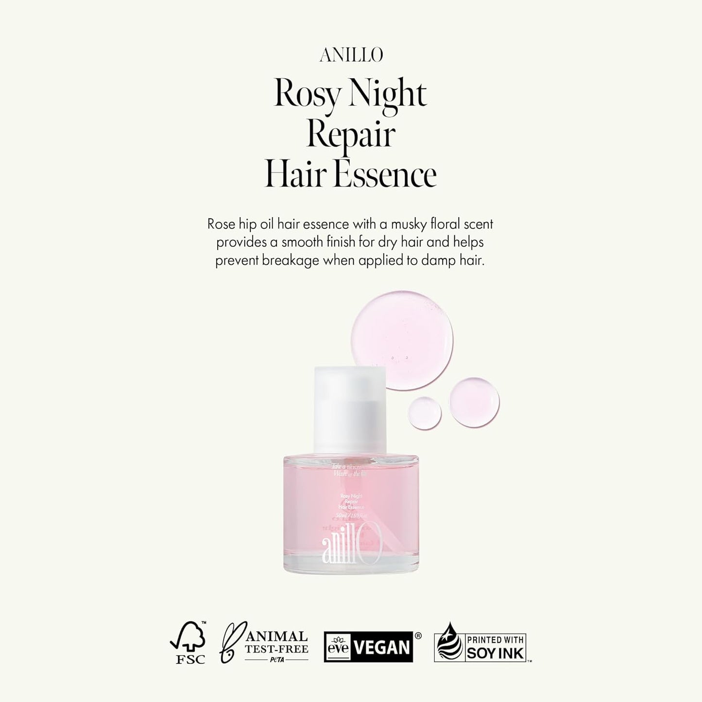 Rosy Night Repair Hair Essence with Damask Rose Extract, Rosehip Oil, Peptide Complex for Dry, Damaged, Frizzy Hair - Musky Floral Scent, Vegan, Paraben-Free 50ml / 1.69 fl. Oz