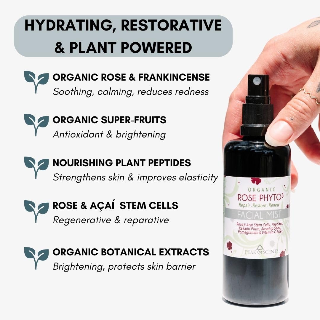 Organic & Vegan Rose Phyto³ Water Facial Spray - Moisturizing Face Mist & Setting Spray, Soothing, Hydrating Mist Rose Water For Face - Great for Facial Massaging (4 oz)