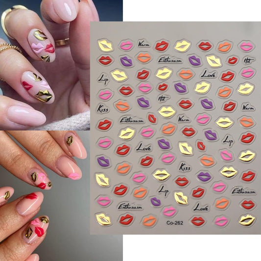 Halloween Nail Art Stickers 5D Embossed Colorful Lips Nail Stickers, Self-Adhesive Durable Nail Art Decals for Women Girls, Nail Wraps Decoration Manicure for DIY Acrylic Nail Accessories
