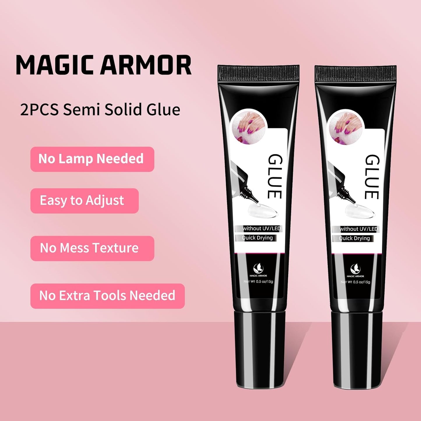 2Pcs Semi Solid Nail Glue for Press On Nail, No Need for UV Lamp Super Strong Nail Glue Quick Drying Gel Long Lasting for Fake Acrylic Nails(15g x 2)