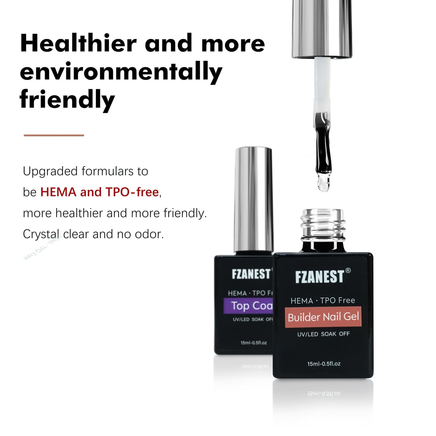 FZANEST Builder Nail Gel and Top Coat, 15ml * 2Pcs Hema & TPO-Free Builder Gel Nail Kit Strengthen Extension No Wipe Ultra Shine Top Coat Nail Polish Soak Off UV Led