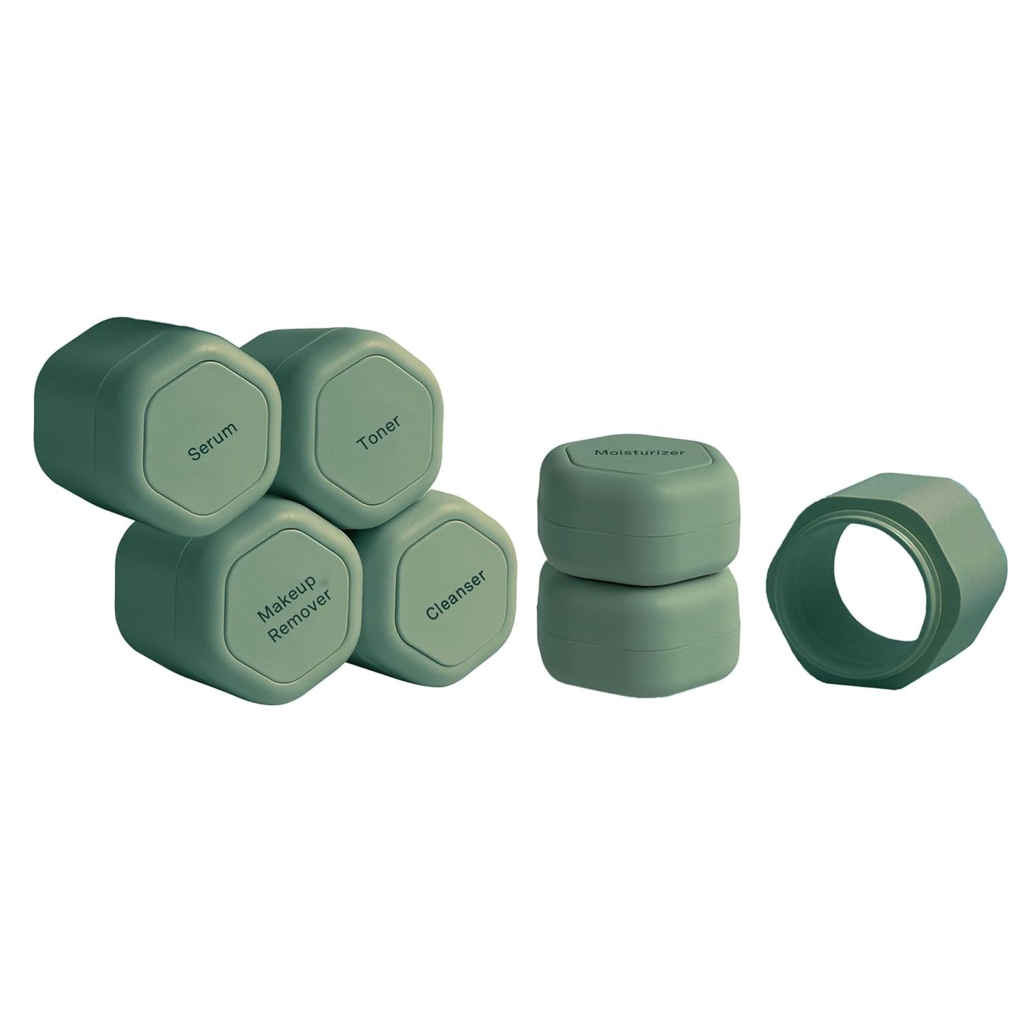 Cadence Travel Containers - Full Skincare Set - Magnetic Containers with Lids,Carry On Travel Essentials For Women/Men - 2 Small (0.56oz), 4 Medium Capsules (1.32oz), & Extender (1.43oz) - Eucalyptus