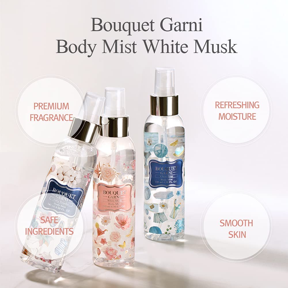 Bouquet Garni Hair & Body Mist White Musk Fragrance - Long-lasting Moisture & Fragrance, Mist for Women, Low Irritation (Containing Vitamin E, Citrus Acid) - 4.9 oz