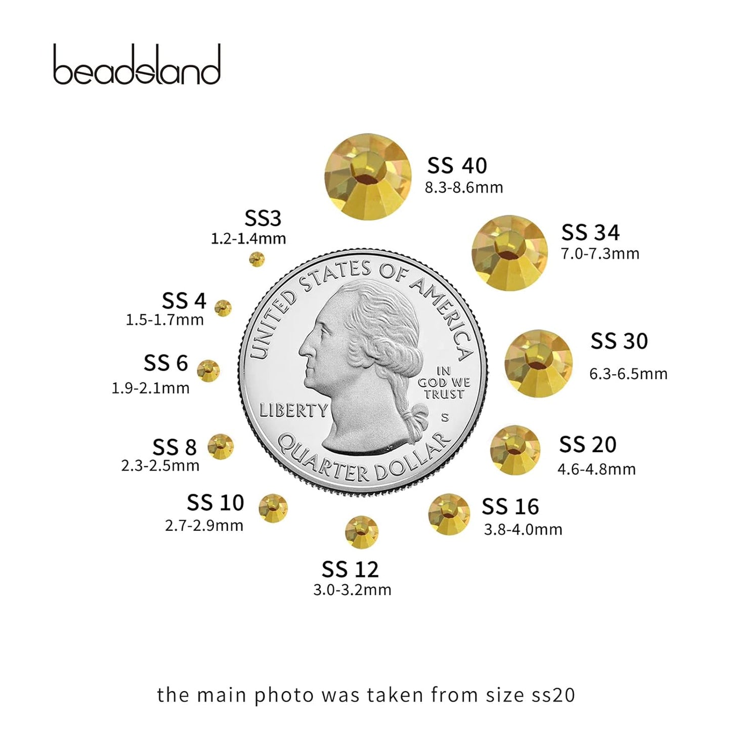 beadsland Flat Back Crystal Rhinestones Round Gems, Metal Sunlight (4.6-4.8mm) SS20/1440pcs