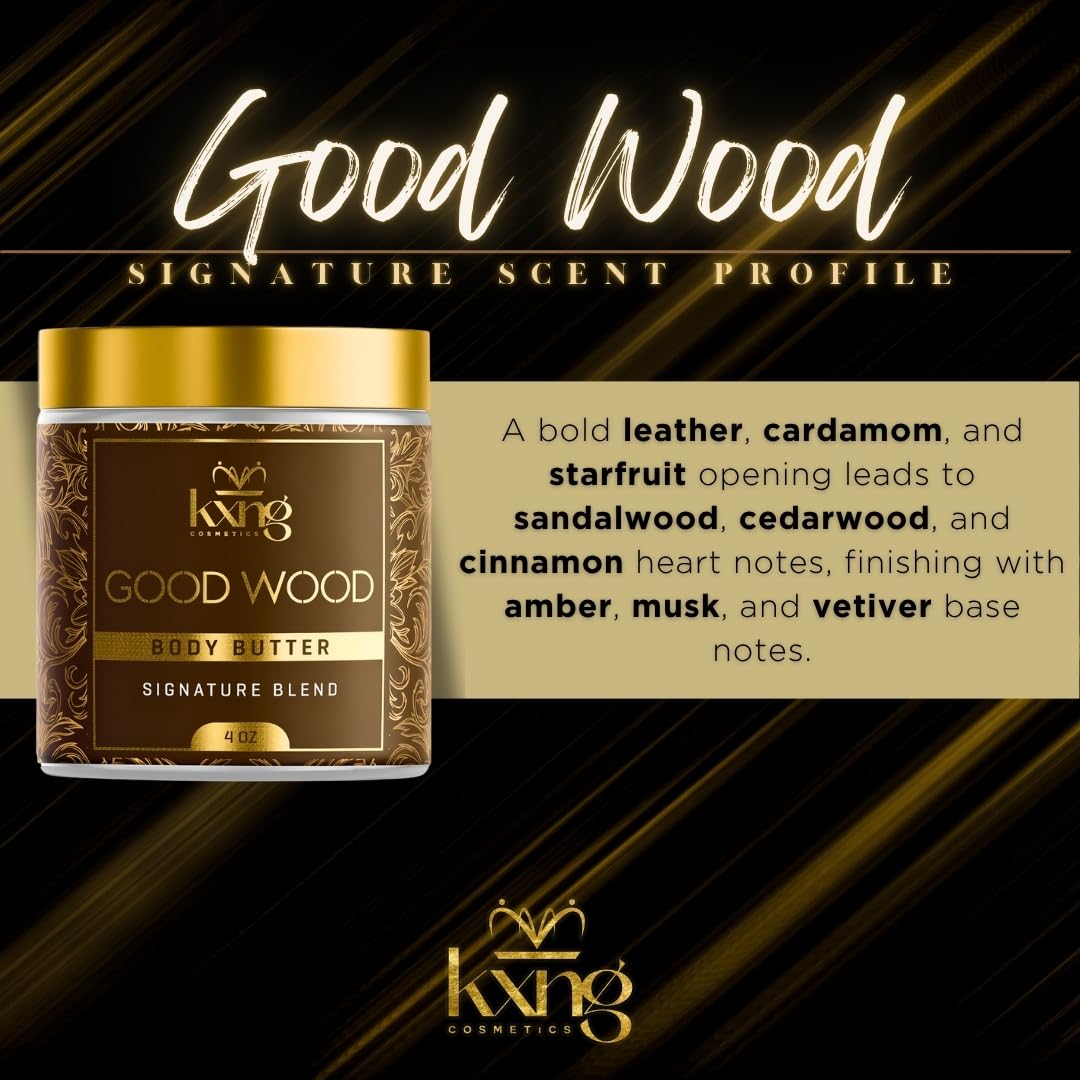 KXNG Cosmetics, Body Butter, Organic Skin Care for Men and Women, Body Moisturizer Lotions and Creams, Raw Shea Butter, Cocoa Butter, Mango, Coconut Oil, Hand, Foot, All Skin Types (Good Wood)