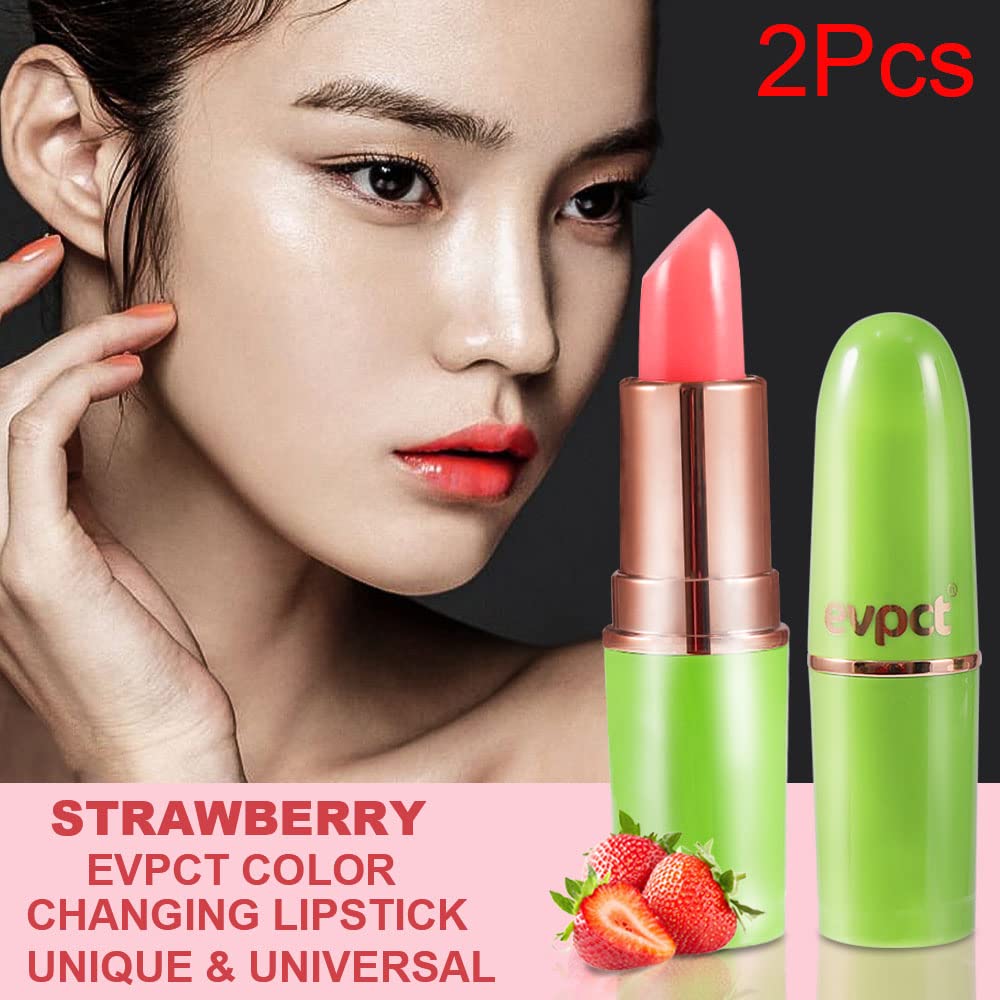 evpct 2Pcs Strawberry Color Changing Lipstick Tinted Lip Balm Gloss Stain Set Magic PH Color Changing Flower Lazy Korean Jelly Lipstick Makeup Set labiales mate 24 horas originales labial magico