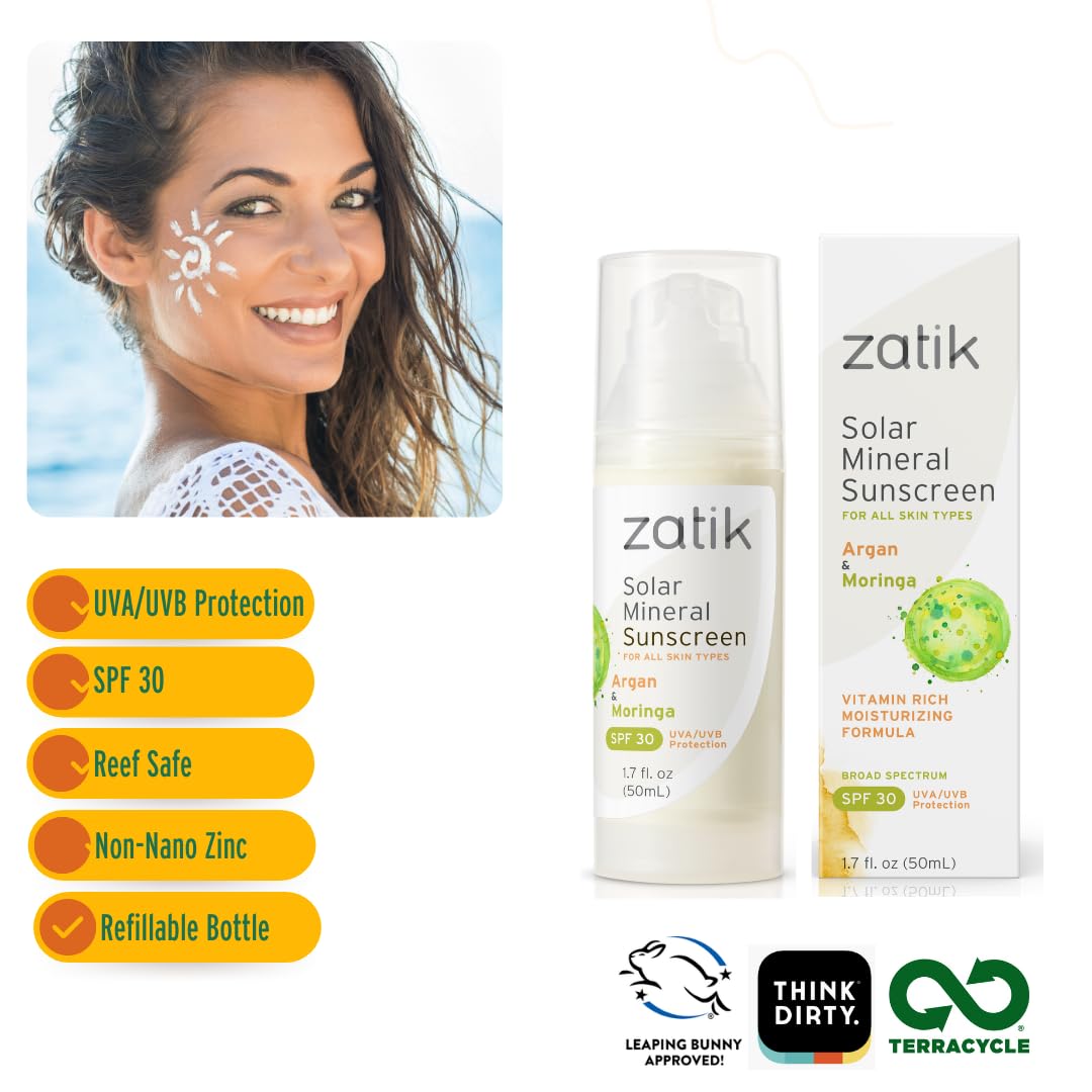 Zatik Naturals - Solar Mineral Sunscreen with Argan and Moringa, Vitamin and Mineral-Based Solar Protection, Vegan, Non-GMO, pH Balanced, FREE from Gluten, Soy, Alcohol. 1.7 fl oz, 50 ml