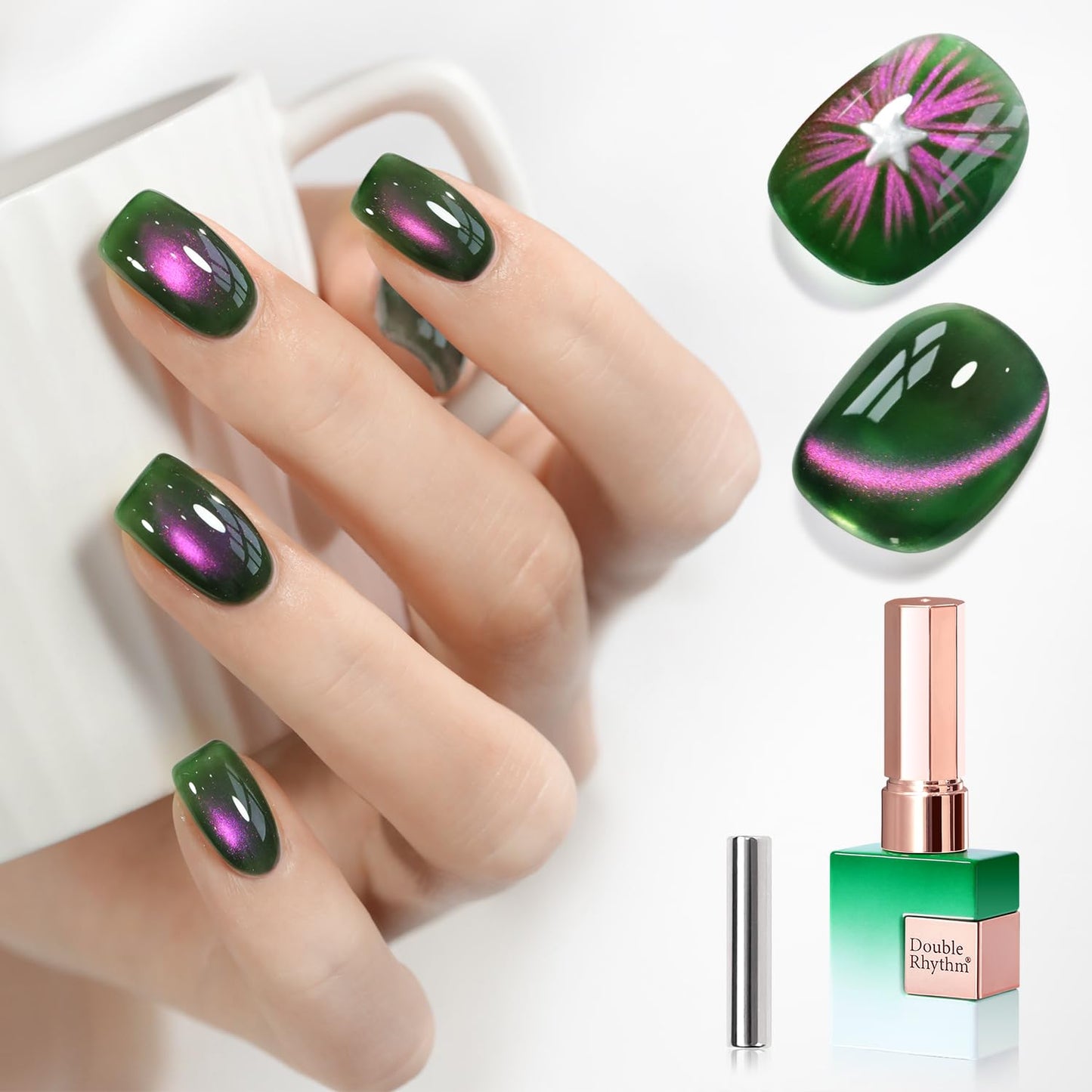 Double Rhythm 0.5 OZ Cat Eye Gel Polish with Magnet 15ML Holographic Glitter Shimmer Translucent Jelly Color Magnetic Nail Polish Salon DIY at Home (Green Pink-MC1260)