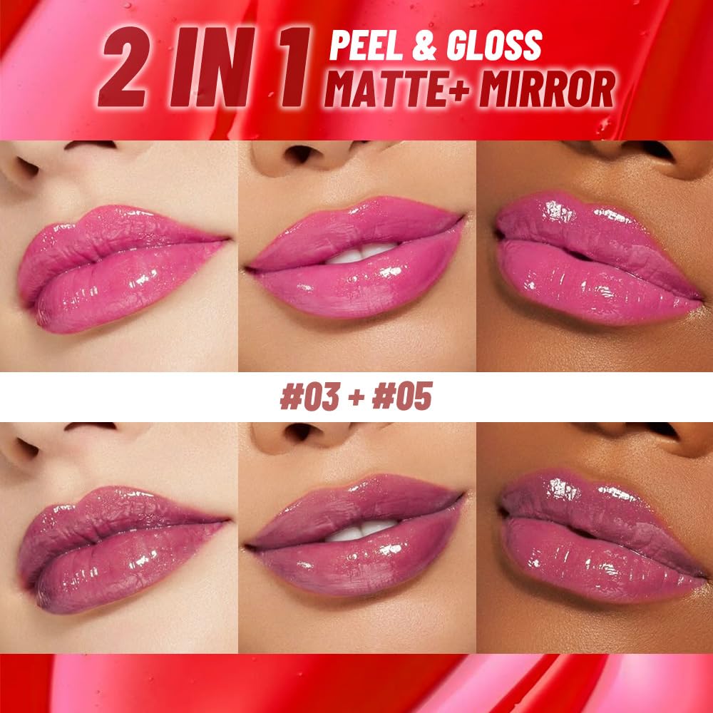 2Pcs Liquid Lip Stain Peel Off Lip liner and Lip oil with Tweezer, Dual-Ended Peel Off Lip Stain Tattoo, Highly Pigmented Long Lasting Waterproof, Transfer-proof for All Skin Types, 03#+05#