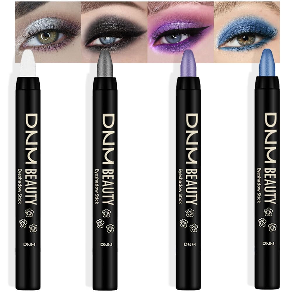 evpct 4Pcs Cream Eyeshadow Pencil Bulk Stick Set for Eyes Waterproof Pearl White Pearl Black Violet Purple Royal Blue Shimmer Metallic Eyeshadow Crayon Stick sombras en crema para ojos
