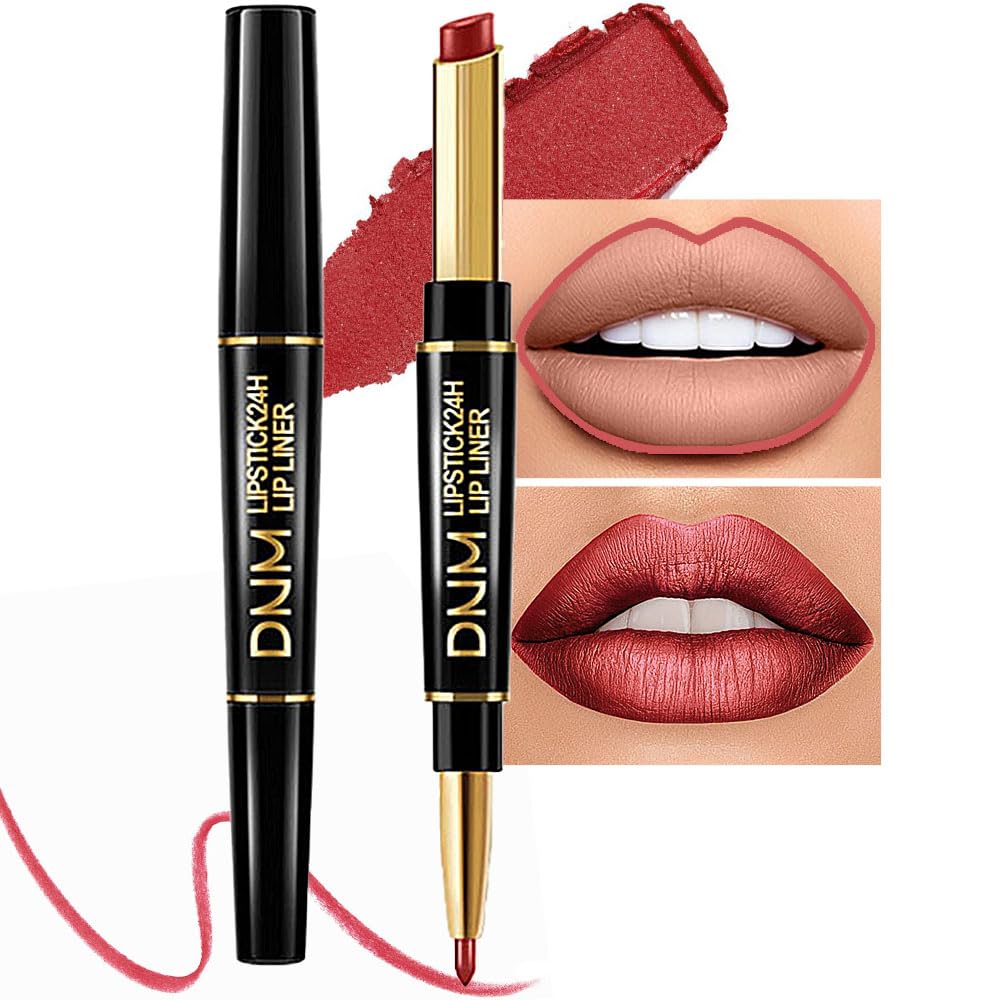 evpct 1Pcs Mauve Red Metallic Lip Liner and Lipstick Set Kit for Women Lips Kit with Lip Liner Lip Stains Long Lasting Waterproof 24 Hour Lipstick and Lip Liners Combo Lipliners Pencil Set 08#