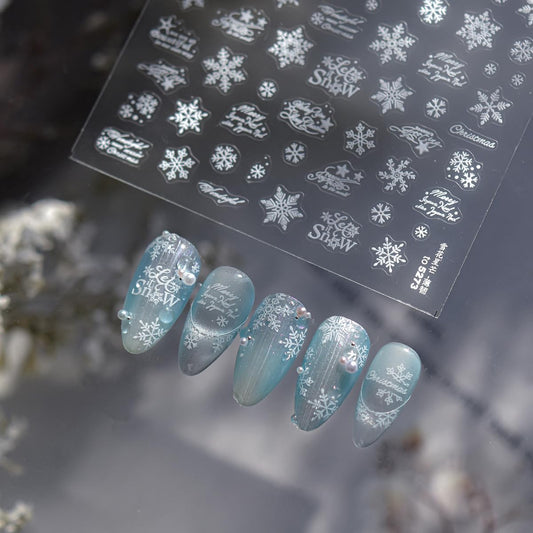 White Snowflake Nail Art Stickers Christmas Nail Decals Decorative Font Nail Stickers 5D Self-Adhesive Winter Theme Nail Art Design Decals DIY Nail Decoration Supplies for Women Girls 1Sheet