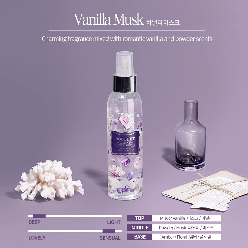 Bouquet Garni Body Mist Vanilla Musk Fragrance - Long-lasting Moisture & Fragrance, Mist for Women, Low Irritation (Containing Vitamin E, Citrus Acid) - 4.9 oz