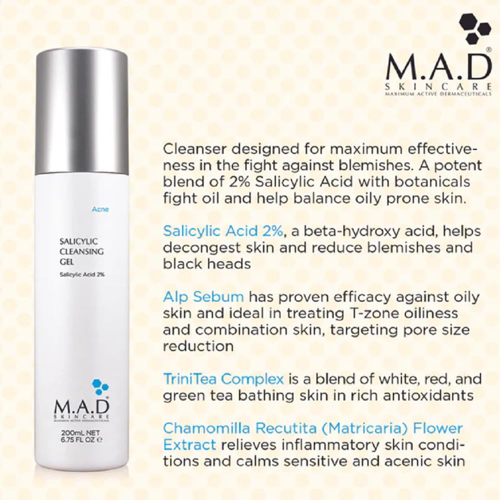 M.A.D Skincare Salicylic Cleansing Gel - Acne Facial Wash 6.75 oz.
