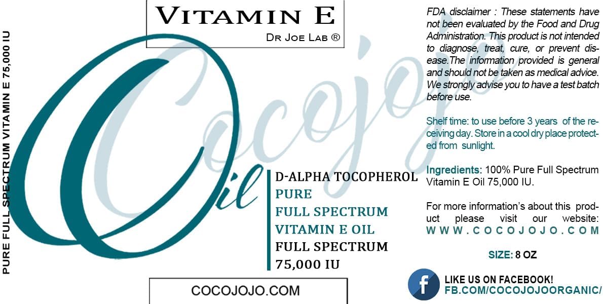 Vitamin E Oil - Pure & Undiluted, Full Spectrum, Alpha Tocopherol, 75,000 IU - 8 oz - for Skin, Hair, Nails, Body Care Hydrating Rejuvenating Skin Oil