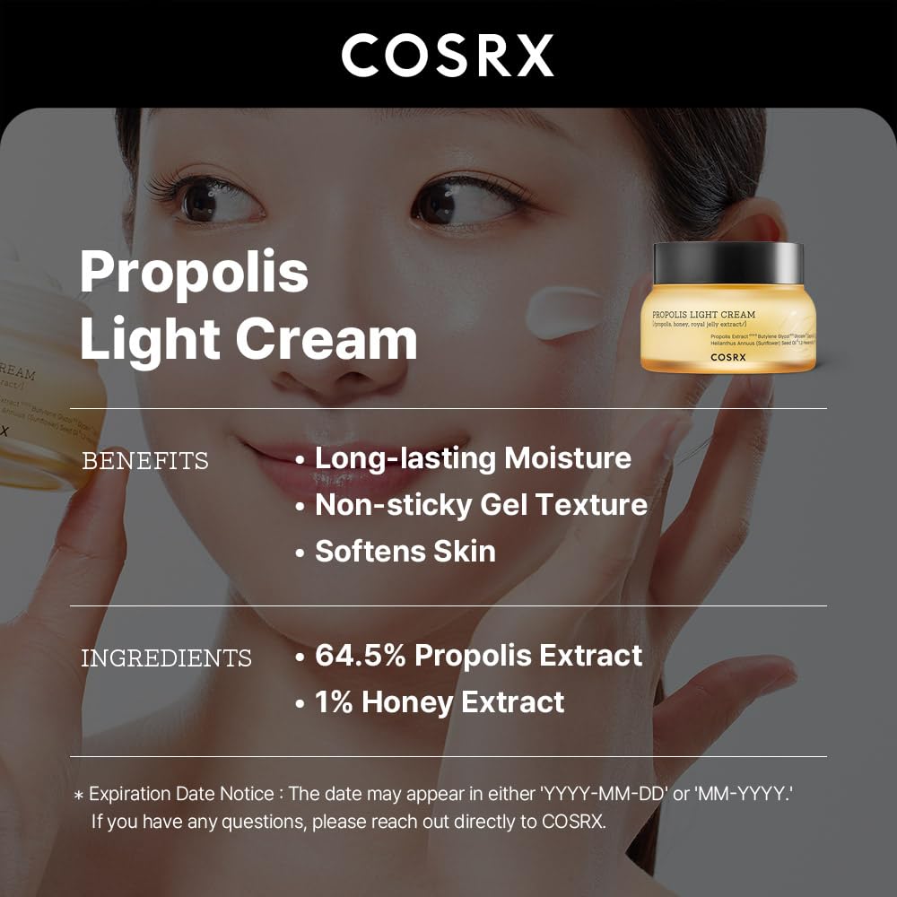 COSRX Full Fit Propolis Light Cream, 2.19 Fl.oz / 65ml, Propolis 64.5%, Hydrating Daily Day and Night Moisturiser, Korean Skin Care, Not Tested on Animals, Paraben Free