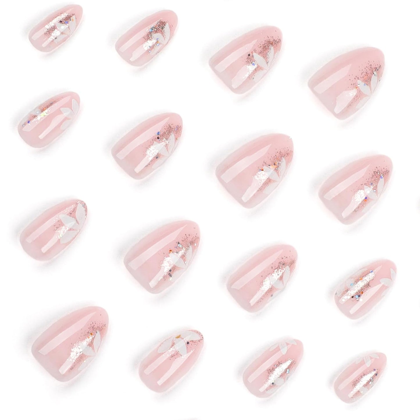 Fall Short Press On Nails Almond, Nude Fake Nails accented with golden glitter and Graceful White Floral Petal Design, Glossy Gel Finish Acrylic Nails, Natural Reusable Glue On Nails Kit for Women