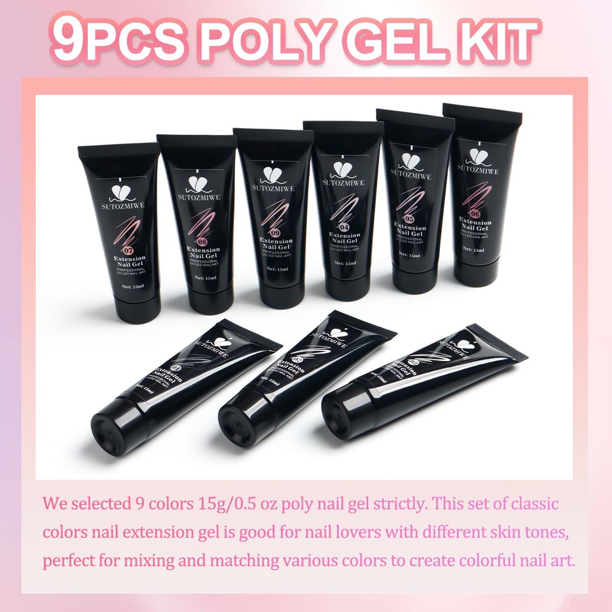9 Colors Poly Extension Gel Nail Kit Clear Milky White Pink Nude Builder Gel for Nails Quick Dry Long Lasting Durable Polygel Nail Extension Kit for Starter Salon DIY Home Use