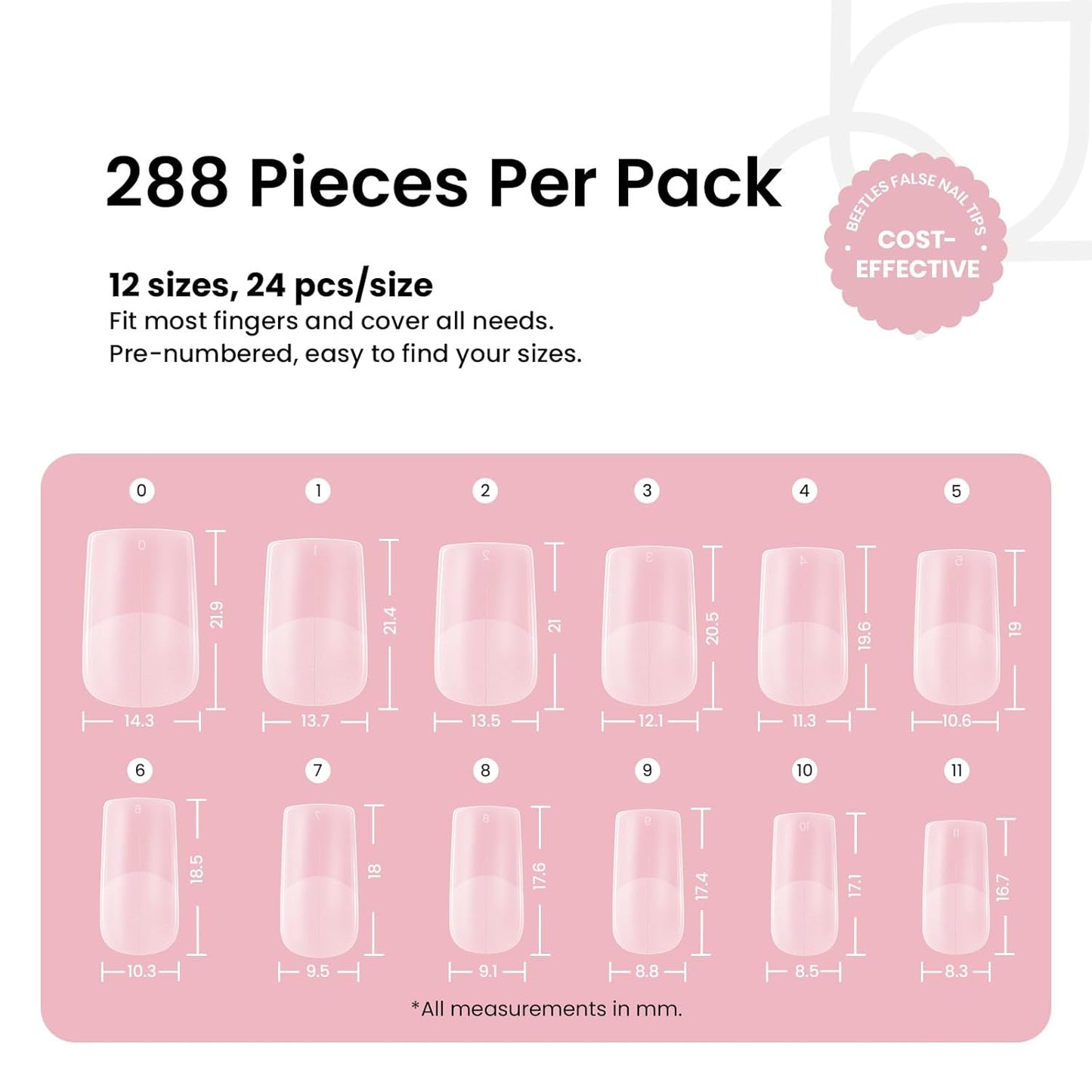 Beetles Short Square Nail Tips, 12 Sizes 288pcs French Full Matte Soft Pre-shaped Etch X Nail Tips, Full Cover False Nails Fake Acrylic Nails No Filing Needed for Nail Extensions Home DIY Nail Salon
