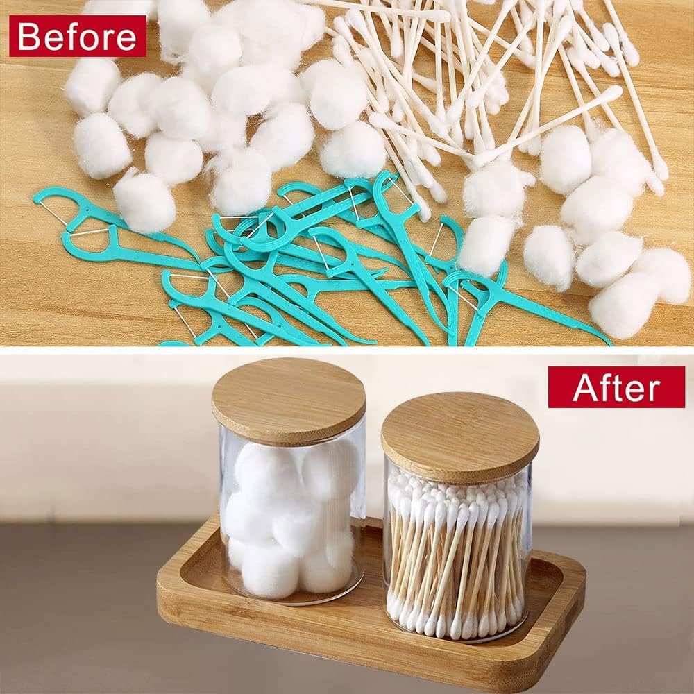 Bamboo Vanity Tray, Bathroom Tray Organizer Glass Qtip Holder Dispenser Apothecary Jars for Cotton Swabs Balls, Round Pad, Perfume Candles, Cosmetics and Jewelry Storage Organizer