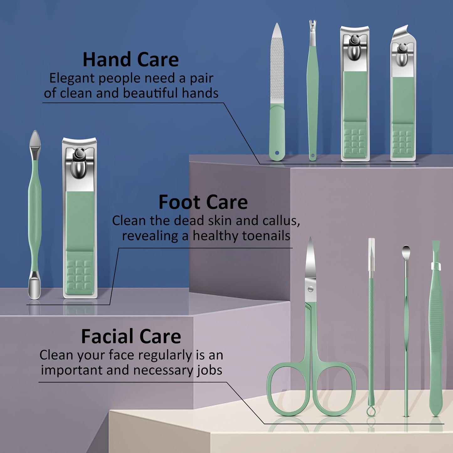 BLESWIN 10-Piece Nail Care Kit, Professional Manicure Set with Green Leather Case, Ideal for Women & Men