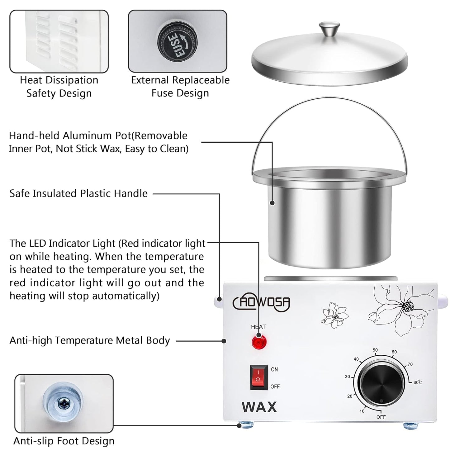 Single Wax Warmer Professional Electric Wax Heater Machine for Hair Removal, Large Waxing Pot Paraffin Facial Skin Body SPA Salon Equipment with Adjustable Temperature Set
